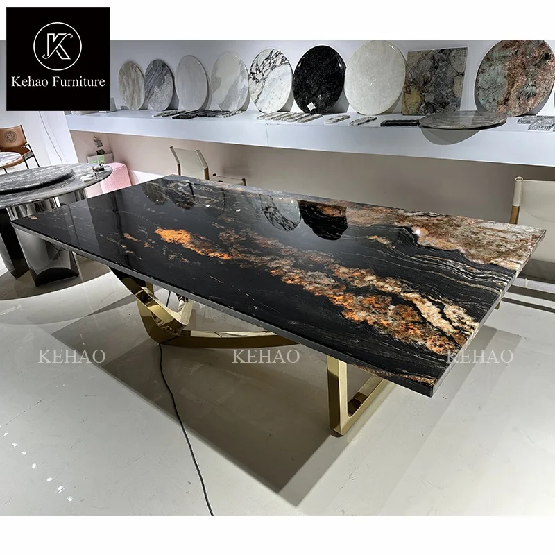 Villa project black dining table top factory backlit marble dining table for 8 seater translucent onyx luxury dining table