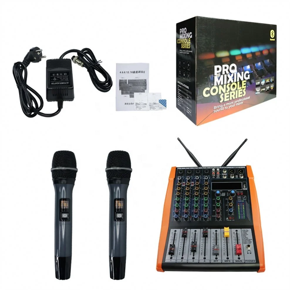Новый дизайн 4 канала Китай завод цена цифровой аудио DJ микшер с двойной сигнал тревоги беспроводной ручной микрофон для записи голоса