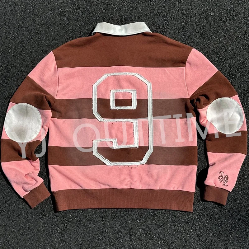 Custom Casual Turn-down Collar Long Sleeve Boxy Hoodie Embroidered DTG Striped Sweatshirt Preppy Style Polo Vintage T Shirt Men