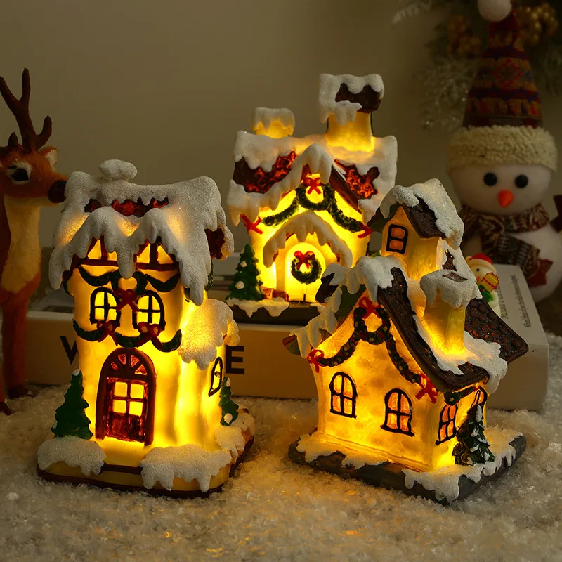 Christmas Decorations Christmas Light Up Resin Snowroof Village LED Light House Christmas Micro Landscape Decoration