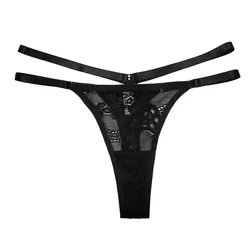 Fashion Ladies Nylon Lace Print Hollow Breathable Sexy Thongs Low Waist Sexy Mesh Slim Belt Seamless Thong Panties