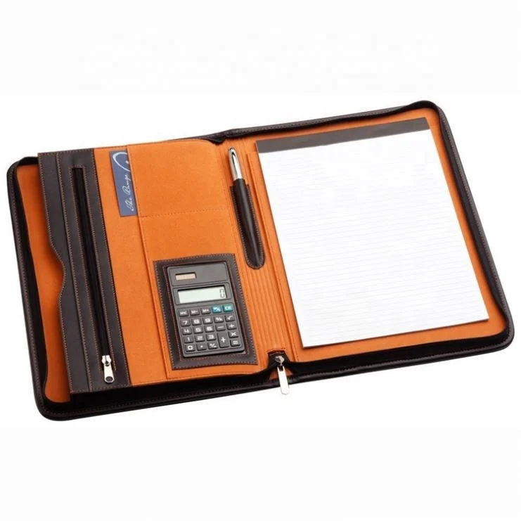 Black And Orange Inside A4 Compendium Leather Styled Portfolio File Folder With Calculator