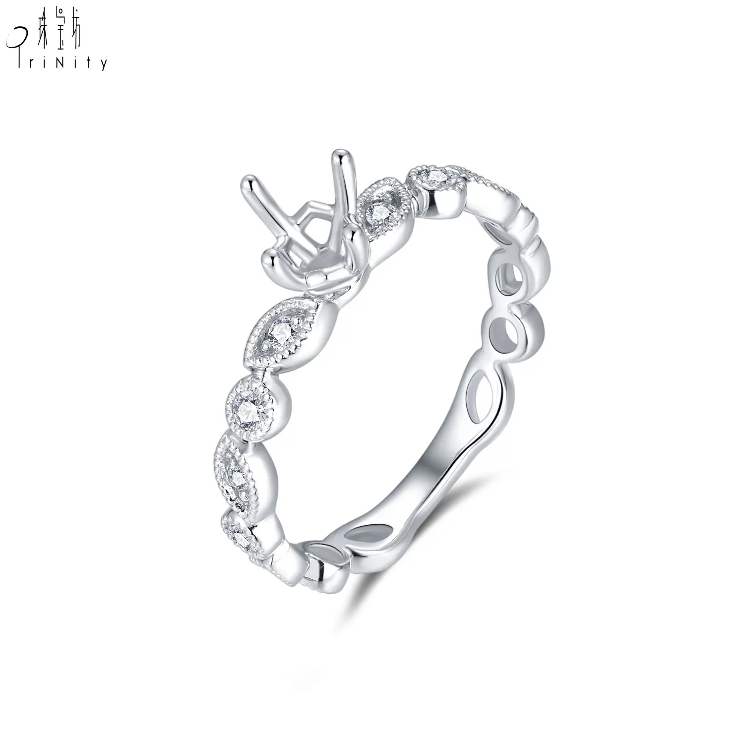 Trendy Professional Fine Jewelry Real Diamond 18k Solid Gold White Gold Diamond Leaves Semi Mounting Ring For Girl Party