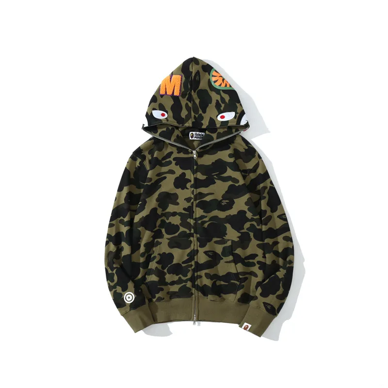 High Quality Wholesale Ape Shark Camo Double Head Hoodie Casual Sweatshirt Full Zipper Unisex Hoodies Jacket