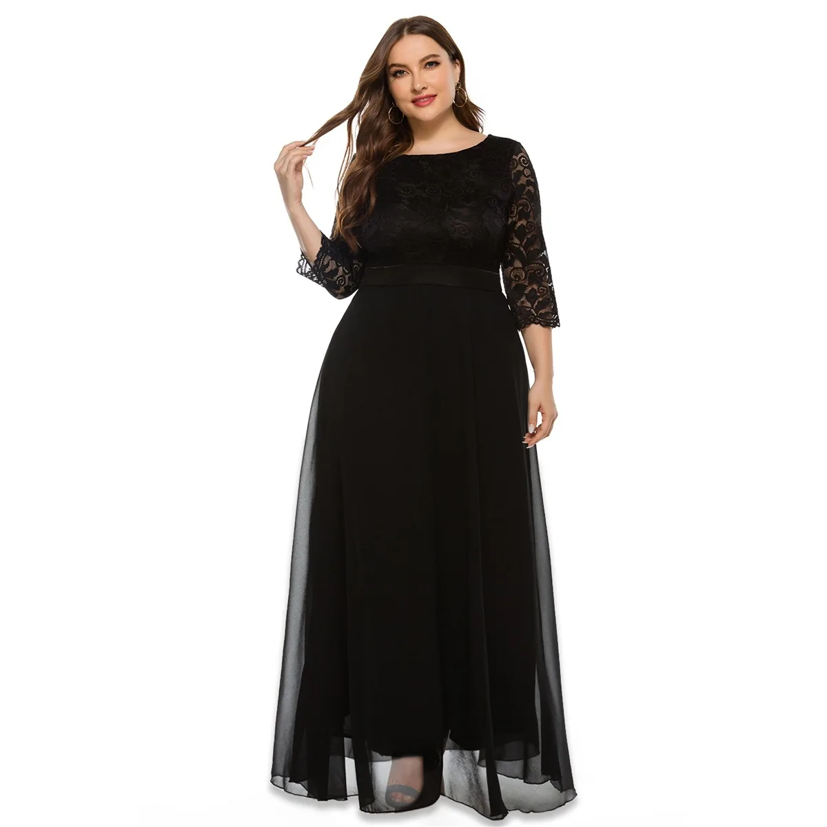 BOJIN ODM&OEM Women Dress Large Size New Lace Evening Dress Solid Long Sleeve Elegant Dress for Women