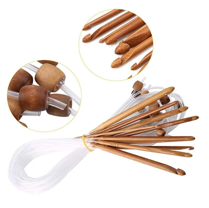 12 Sizes Wooden Bamboo Afghan Tunisian Crochet Hooks Set with Plastic Cable Bamboo Crochet Knitting Needles Hooks