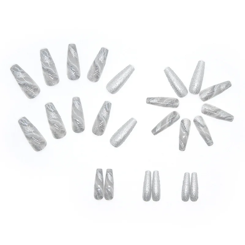 Succsion Hot Sale High Quality Ballerina Gray Marble Long Luxury Press on Nails 24PCS Fake Nails for Nail Beauty