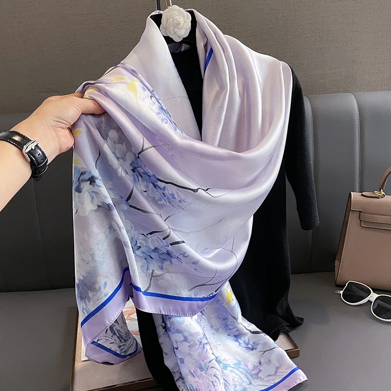 Fashion 180*90cm Silk Scarf Foulard Bandana 2024 Long Scenery Printed Scarf Silk Luxury Shawl