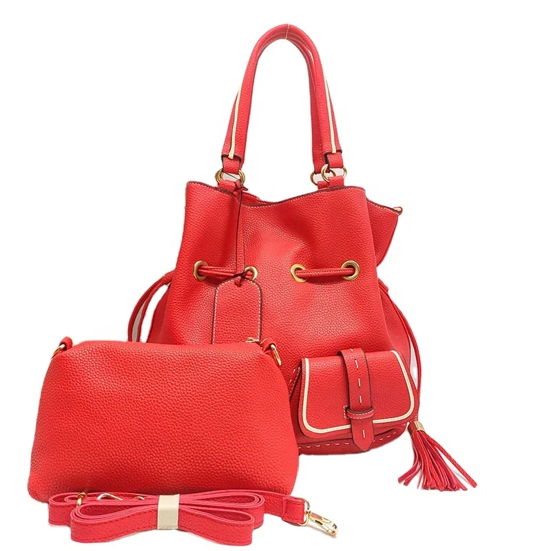 2022 Fashion Women Customize Logo Wholesales Handbags Tassel Bucket Bags Set Leather Bags