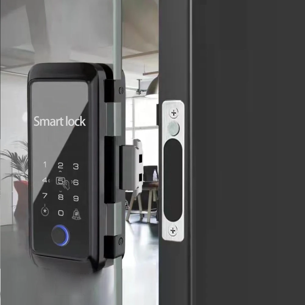 Goking tuya app bluetooth finger print office lock access control office frameless black swing glass door lock with key