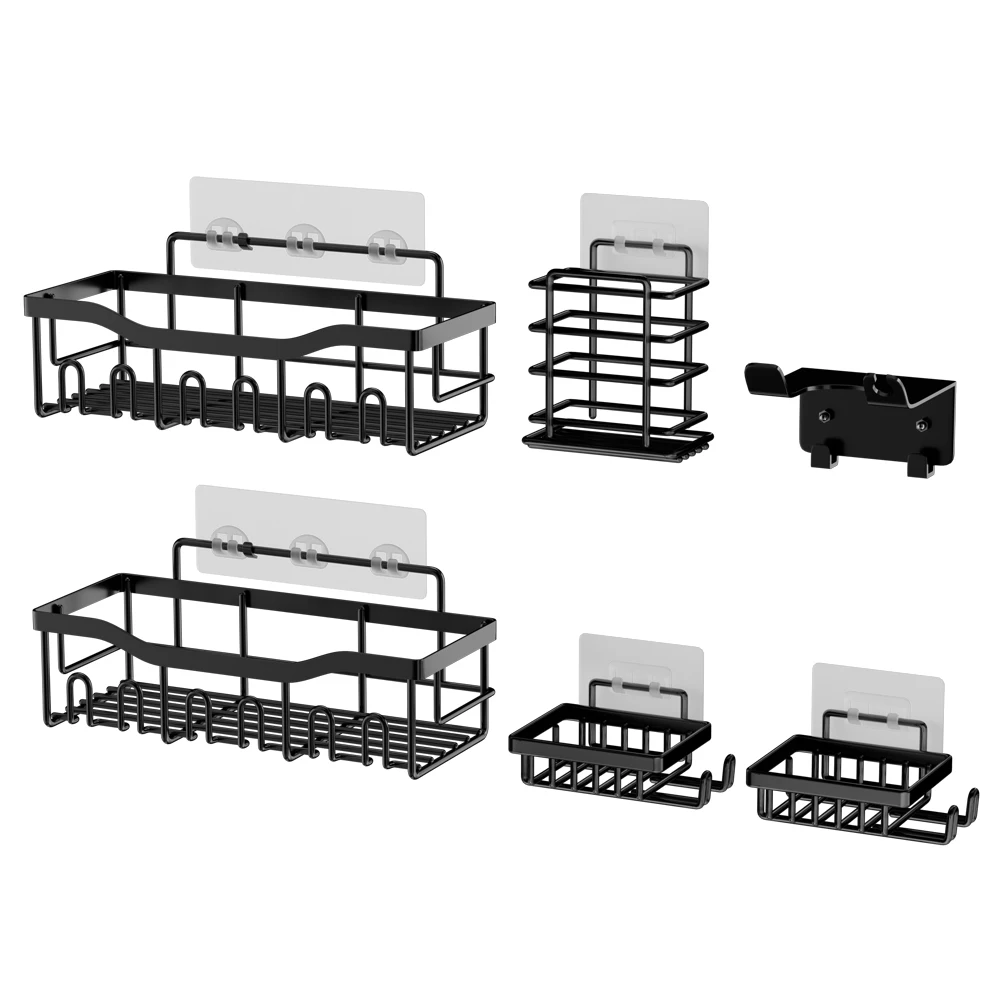 Set 6 Modern Wall Mounted Adhesive Shower Caddy Black Stainless Steel Bathroom Organizer Corner Mounted Bathroom Washroom Shower