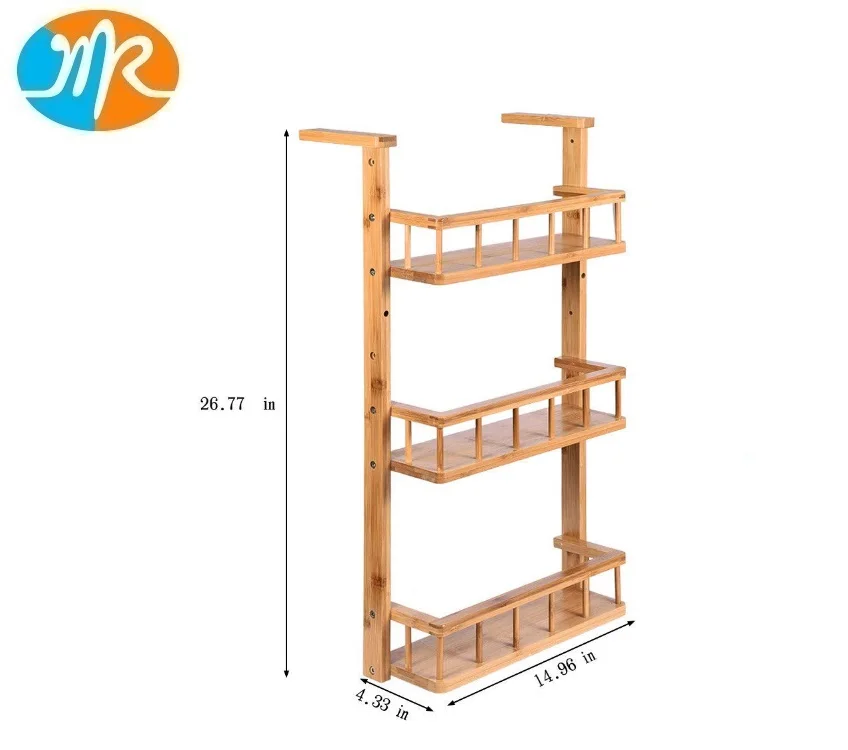 Bamboo Refrigerator Hanging Organizer Rack 3-Layer Fridge Mounted Spice Jars Storage Shelf Side Wall Stand