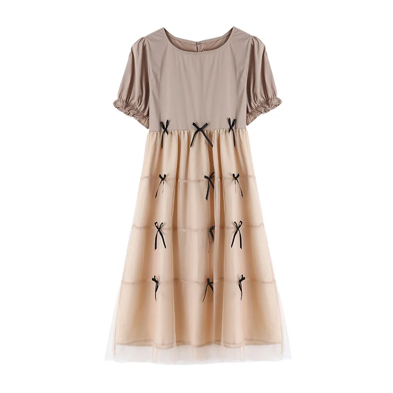 RTS maternity clothing summer print mesh bow puffed sleeve pregnant women dress