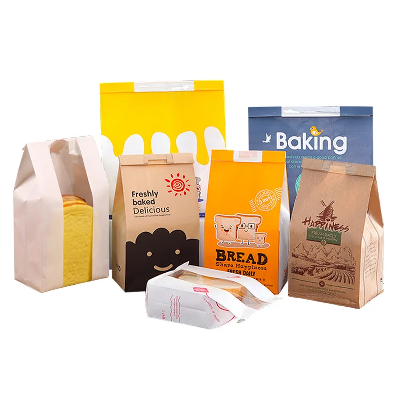 Window white kraft paper bag grease-proof food toast bread bag rolled edge wire snow cake baking bag