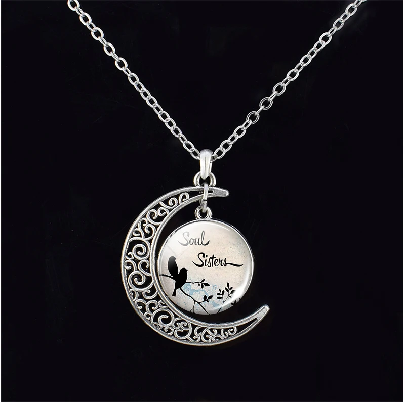 Sisters Necklace Quote Best Friend Are the Sisters We Choose Always My Sister Forever My Friend Glass Dome Crescent Moon Pendant