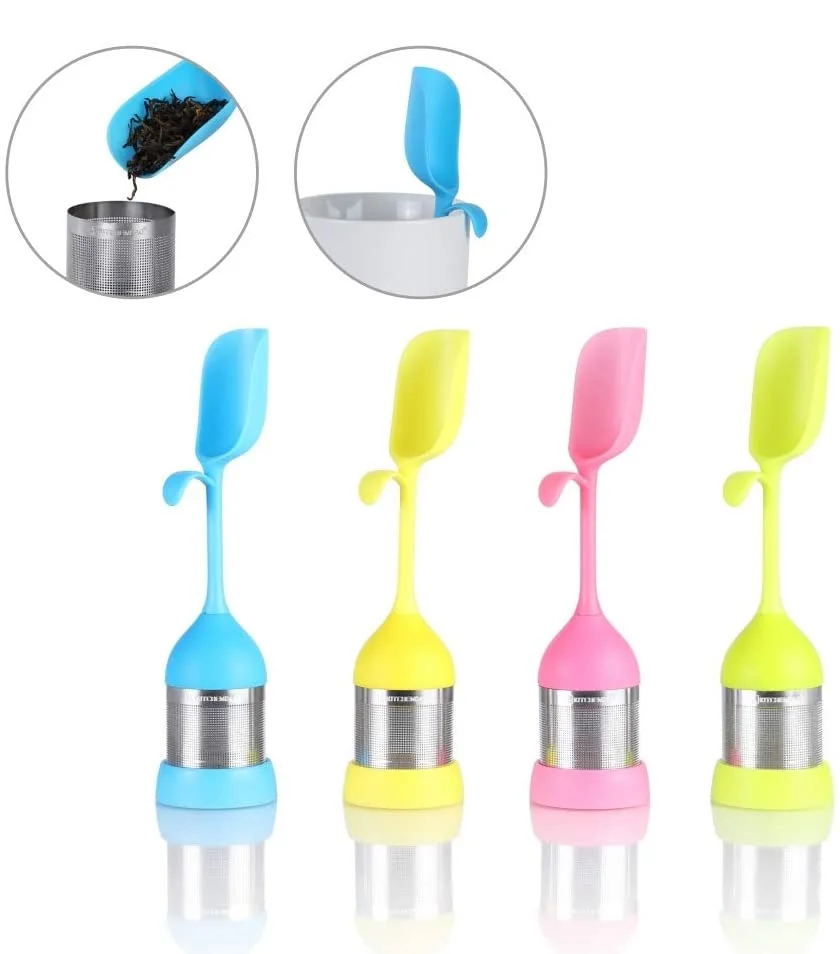 2 in 1 silicone Tea Infuser with Integrated Tea Spoon - Hidden Air Vents to Avoid Floating- 2 Sides Drip Tray - 18/8 Extra