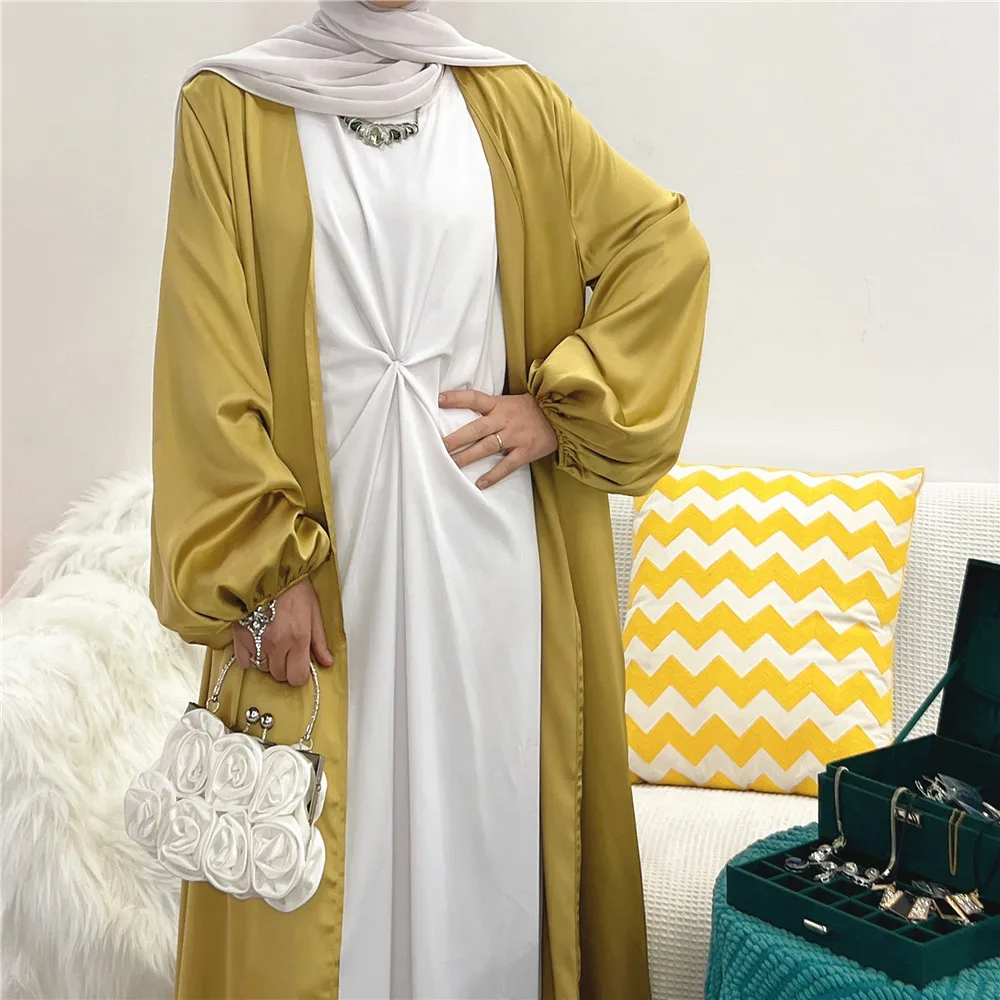 LangChi Fashion Muslim Dress Puff Sleeve Open Cardigan Colorful Elegant Kimono Silky Satin Abaya