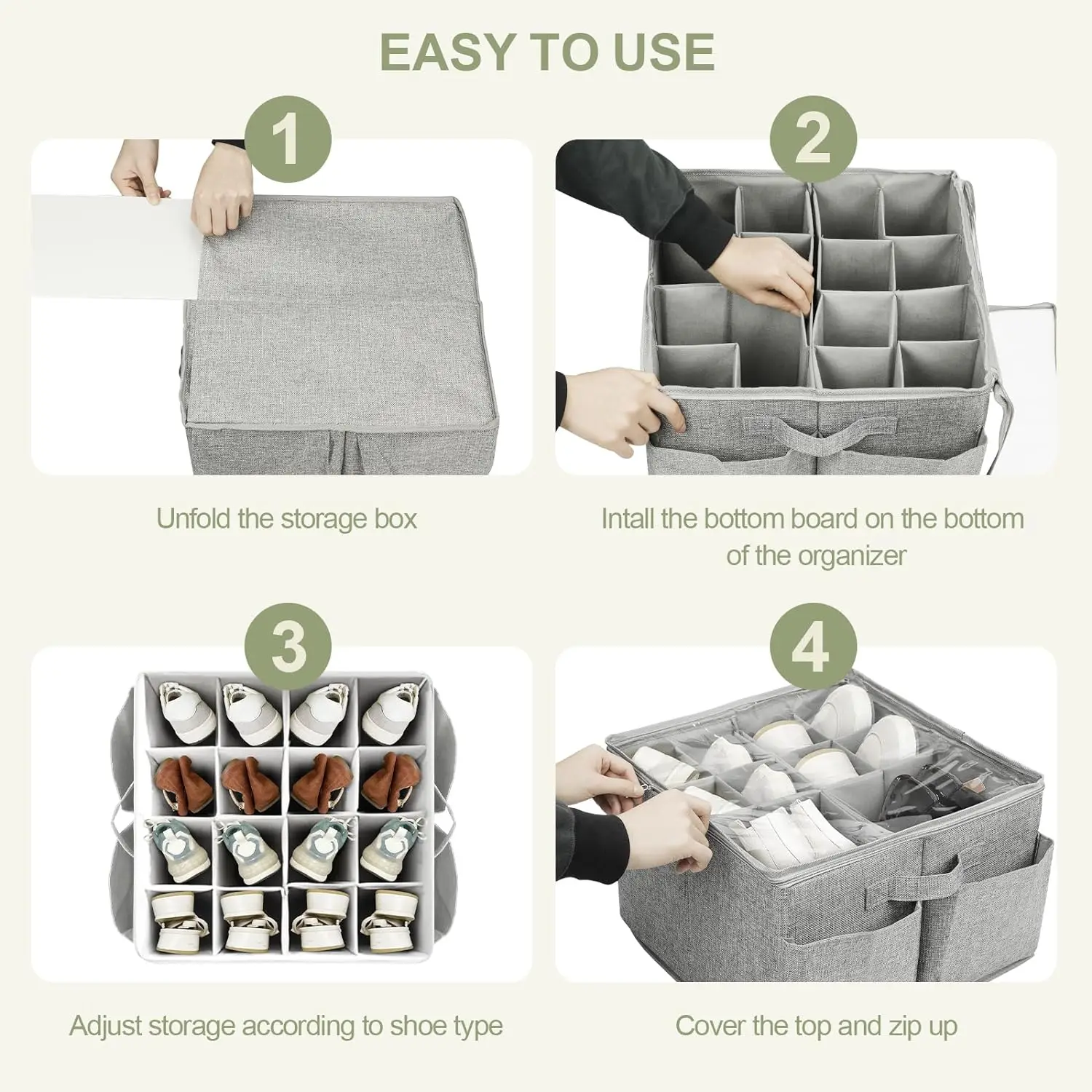 Large Clear Lid Foldable Shoe Organizer Closet Storage Containers for 16 Pairs of Shoes Adjustable Dividers Clothes Boxes