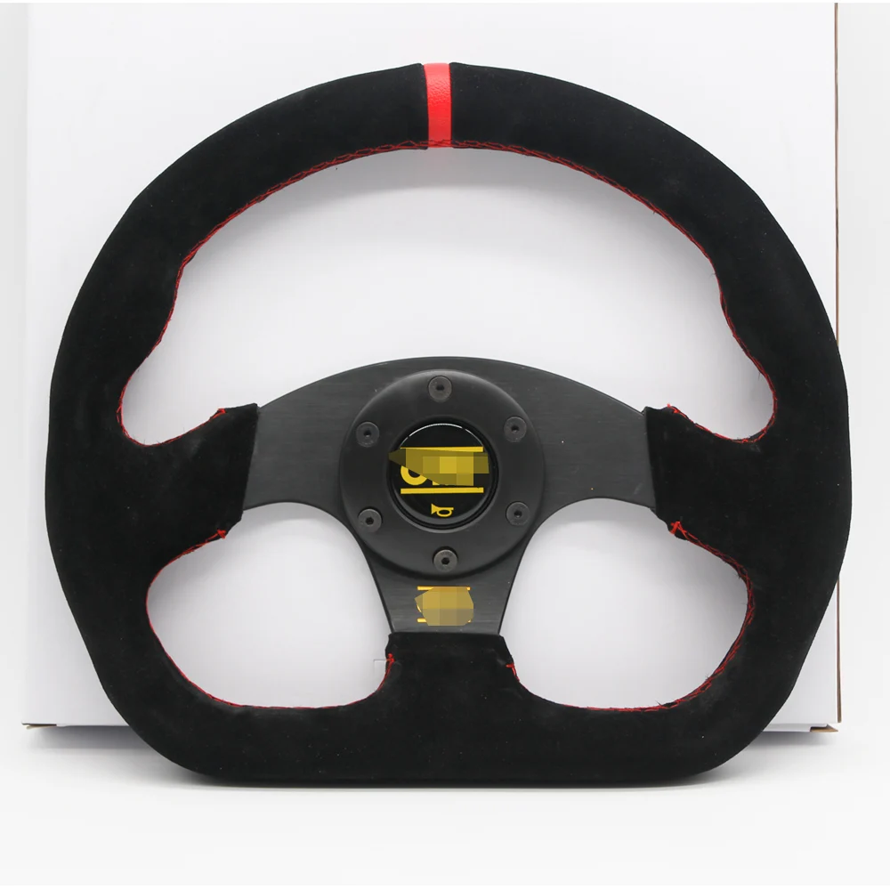 For OMP MOD Car Racing Red Stitch Red Ring 330mm Black Flat D Shape Suede Leather Steering Wheel