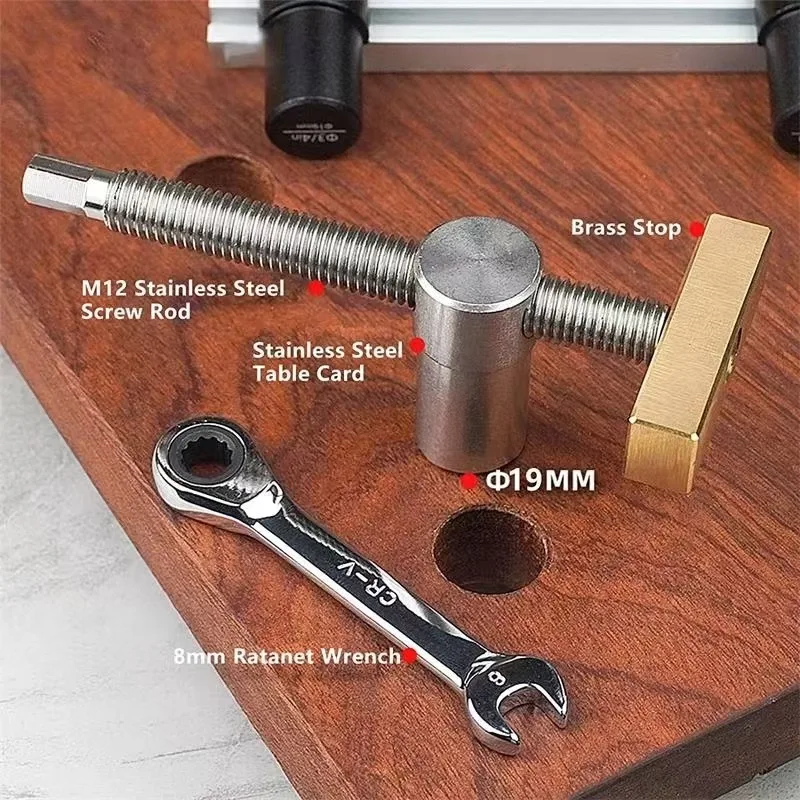 Woodworking desktop vise, mortise and tenon stopper, fixed locking accessory, brass stainless steel ratchet