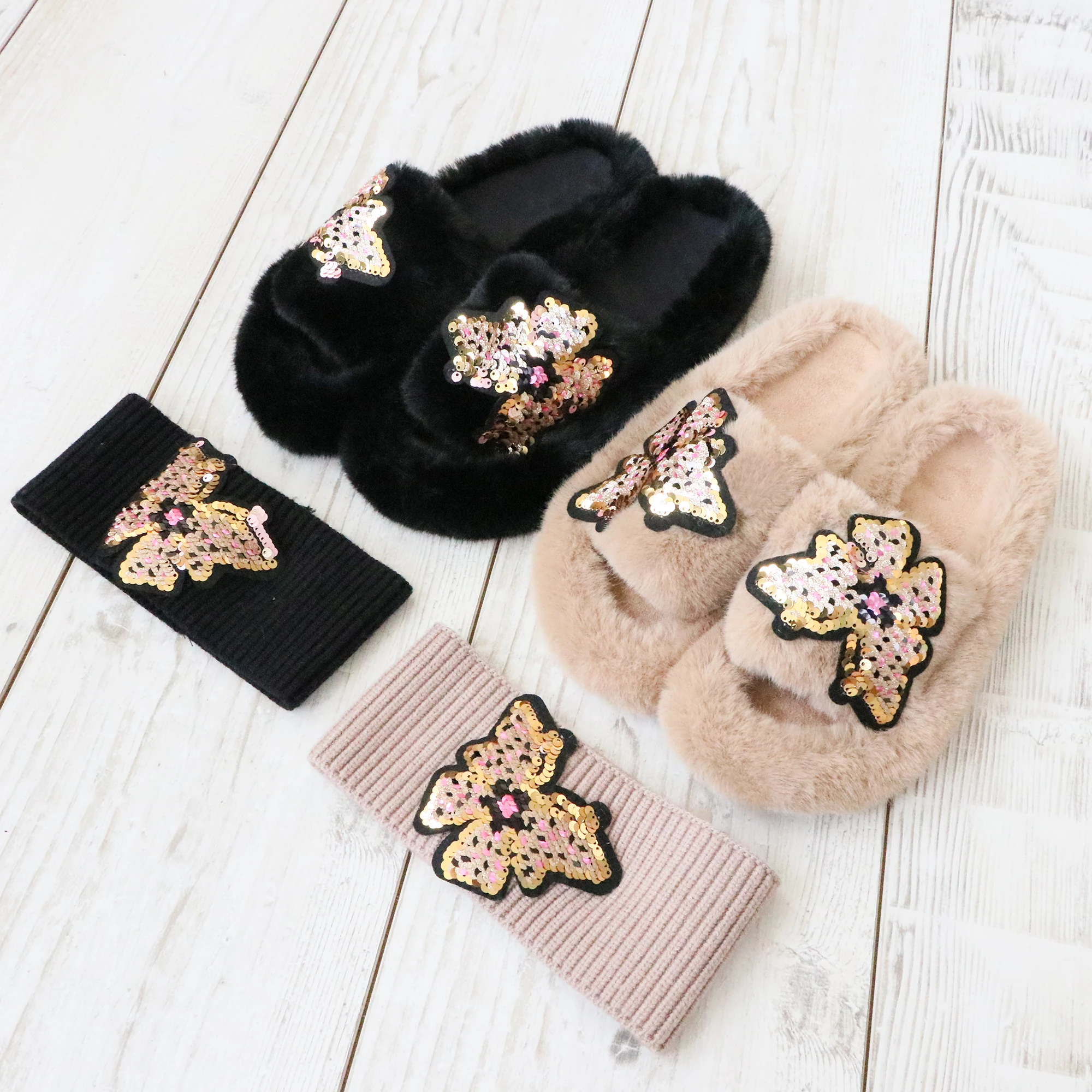 Factory Custom Wholesale Butterfly Sequins Fur Head Wear Alpaca Slippers