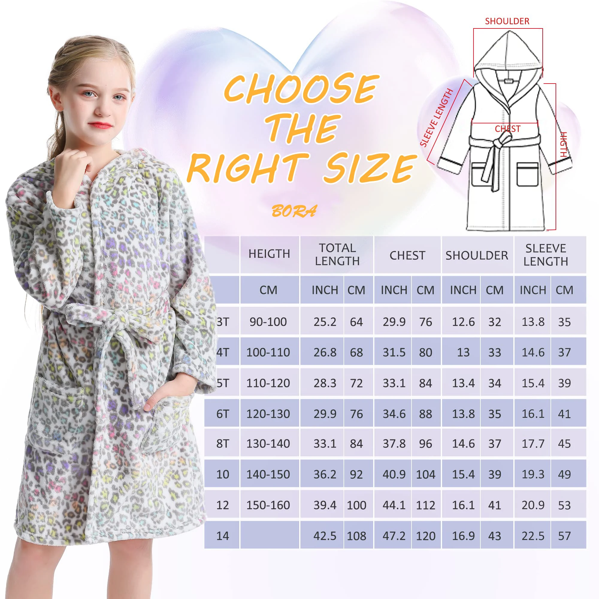 Girls Fleece Robe, Hooded Toddler Soft Fuzzy Bathrobe for Kids 3-14 Years