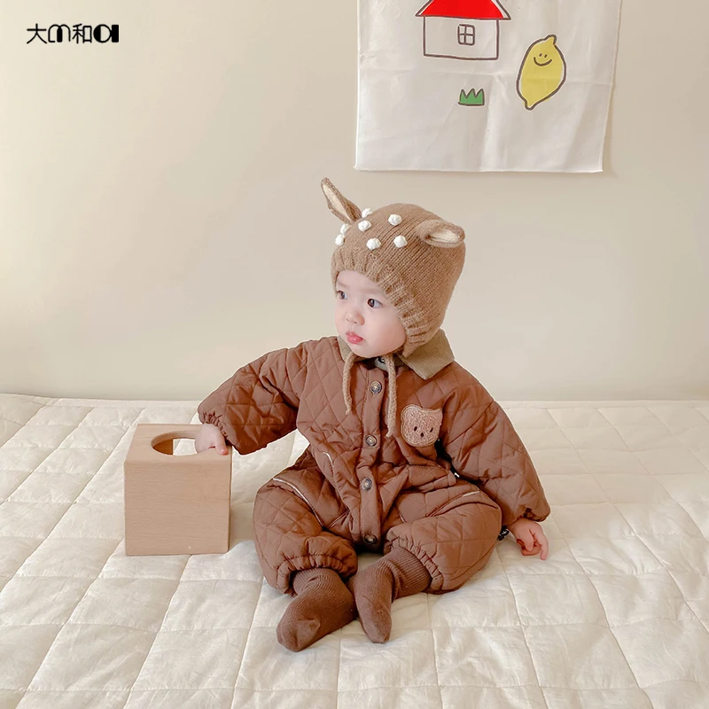 ins24 Winter Korean version baby lapel quilted thick crawling suit for boys and girls baby bear with wool thick onesie winter