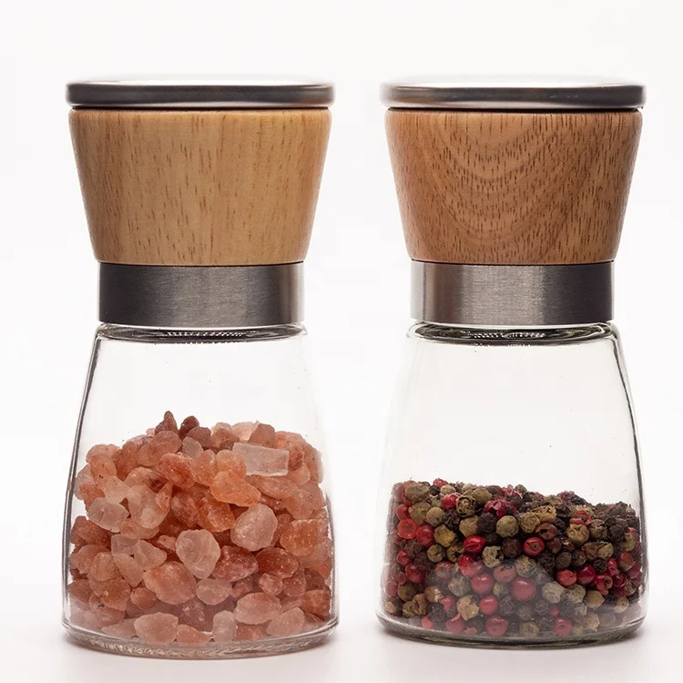Alibaba Supplier Clear Glass Pepper Bottle with Manual Grinder Lid Spice MILLS Bamboo Wood Salt and Pepper Grinder Set of 2