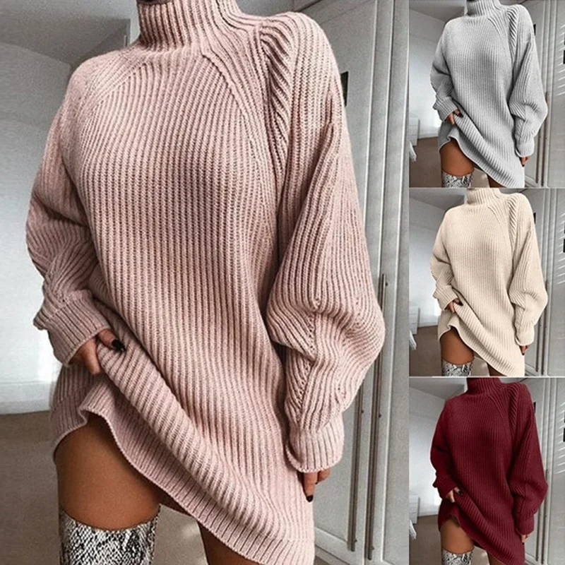Knitted Dresses Turtleneck Long Sleeve Sweater Dress Autumn Winter Loose Knitted Dresses