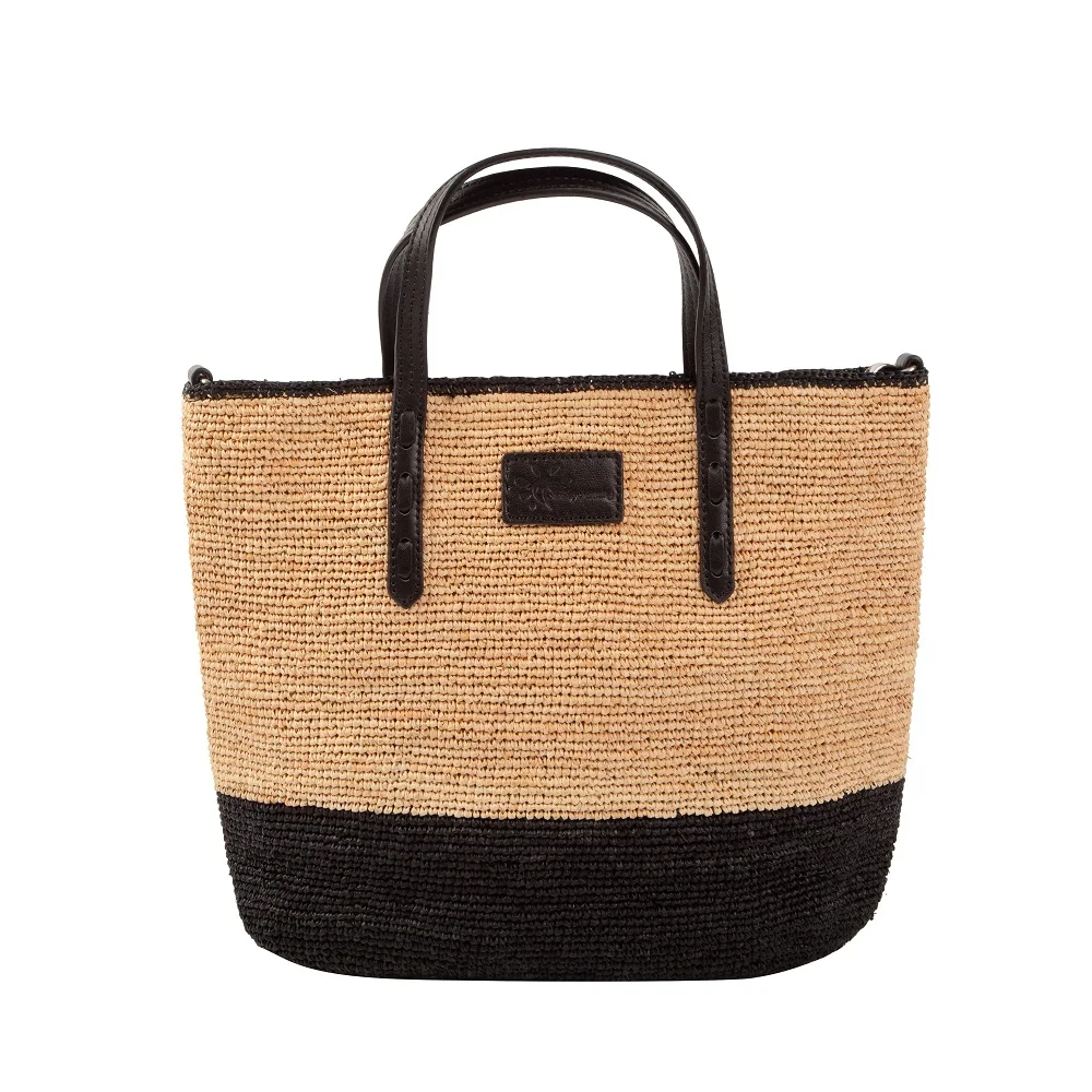 Fashion straw casual tote and shoulder striped crochet raffia bag with snap closure
