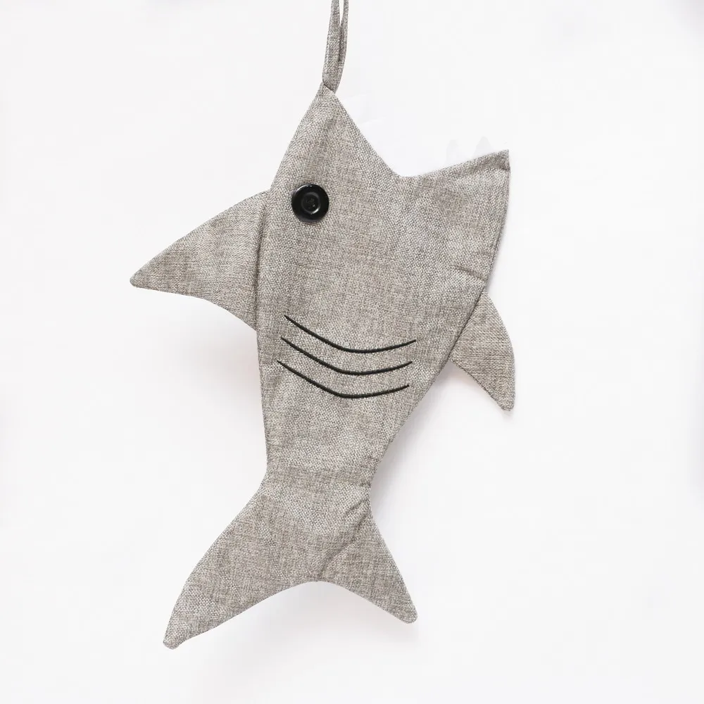 Быстрая распродажа, оптовая продажа, черная вышивка, серая акула, с пуговицами, льняные рождественские чулки для собак, новогодние украшения