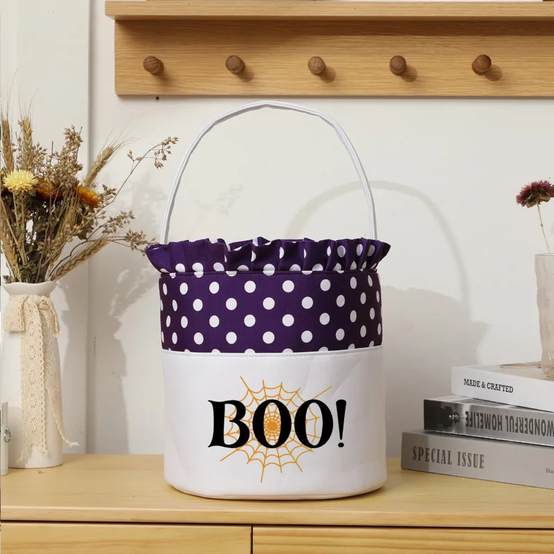 Mongram Trick Or Treat Candy Bag Custom Kids Gift Embroidery Fabric Polka Dot Halloween Buckets