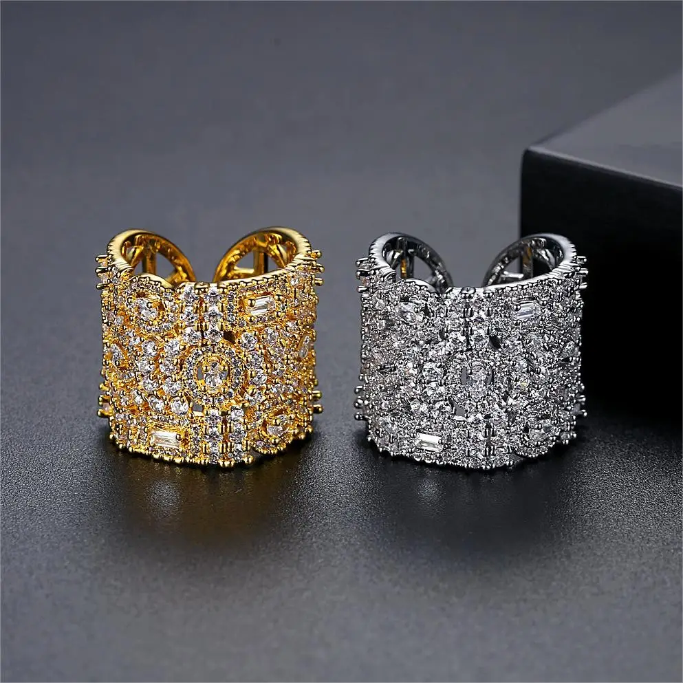 Fashionable Most Popular 18K Brass Elegant Engagement Platinum Plated Boho Style Zircon Ring Hollow Geometric Open Pattern Ring