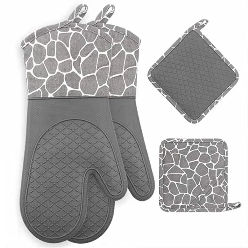 Pattern Printed 100% Cotton Custom Oven Mitt And Black Pot Holder Set Heat Resistant Oven Glove And Sublimation Pot Holder