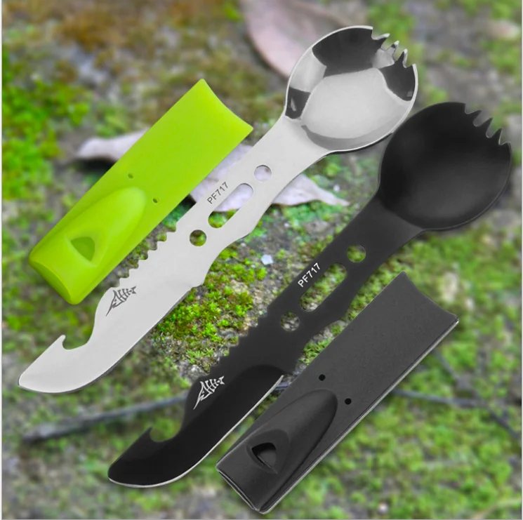 Multifunctional Camping Spork Stainless Steel Spoon Fork Knife Combo Utensil with Bottle Opener/Emergency Whistle/Saw To blade