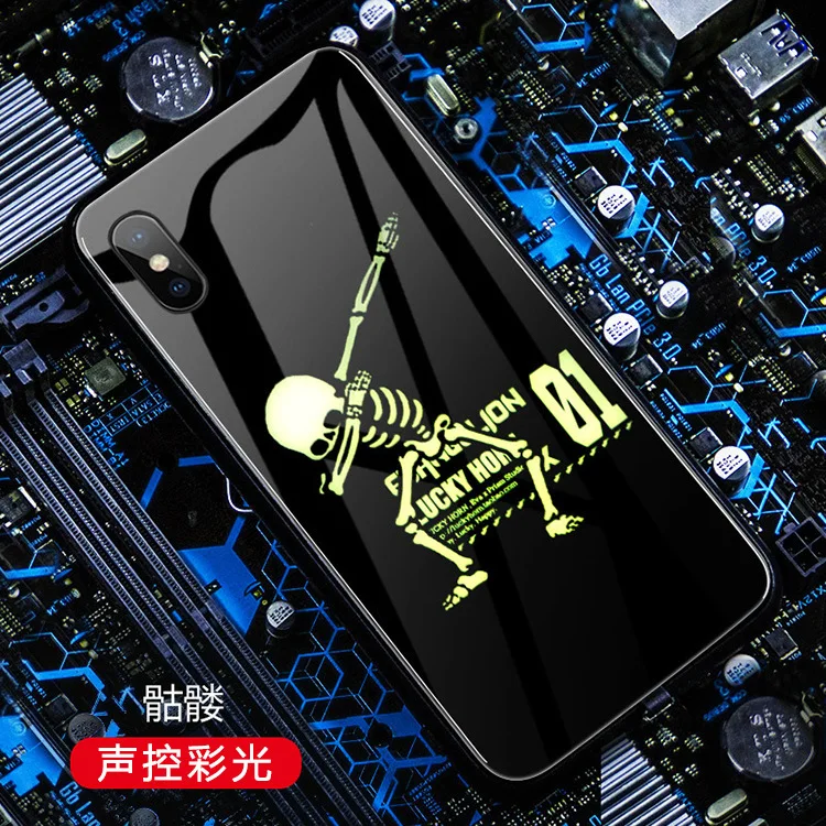 Anime Cartoon Cool Funny Skull Call Flash Night Glowing LED Tempered Glass Phone Case For iPhone 13 12 11 Pro Max XR 6 7 8 Plus