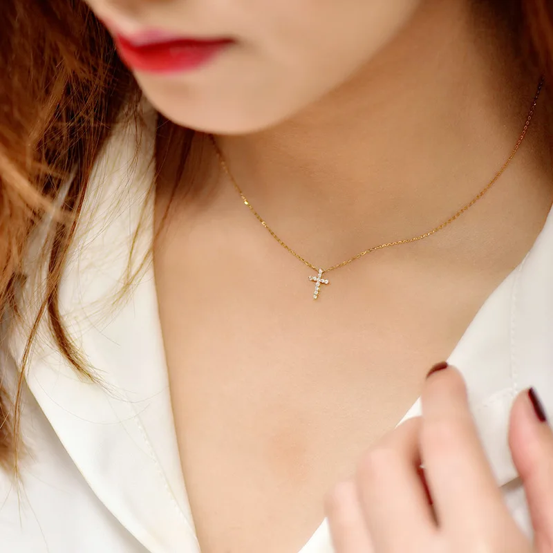 18K Solid Gold Real Diamond Cross Pendant Gold Necklace for Women