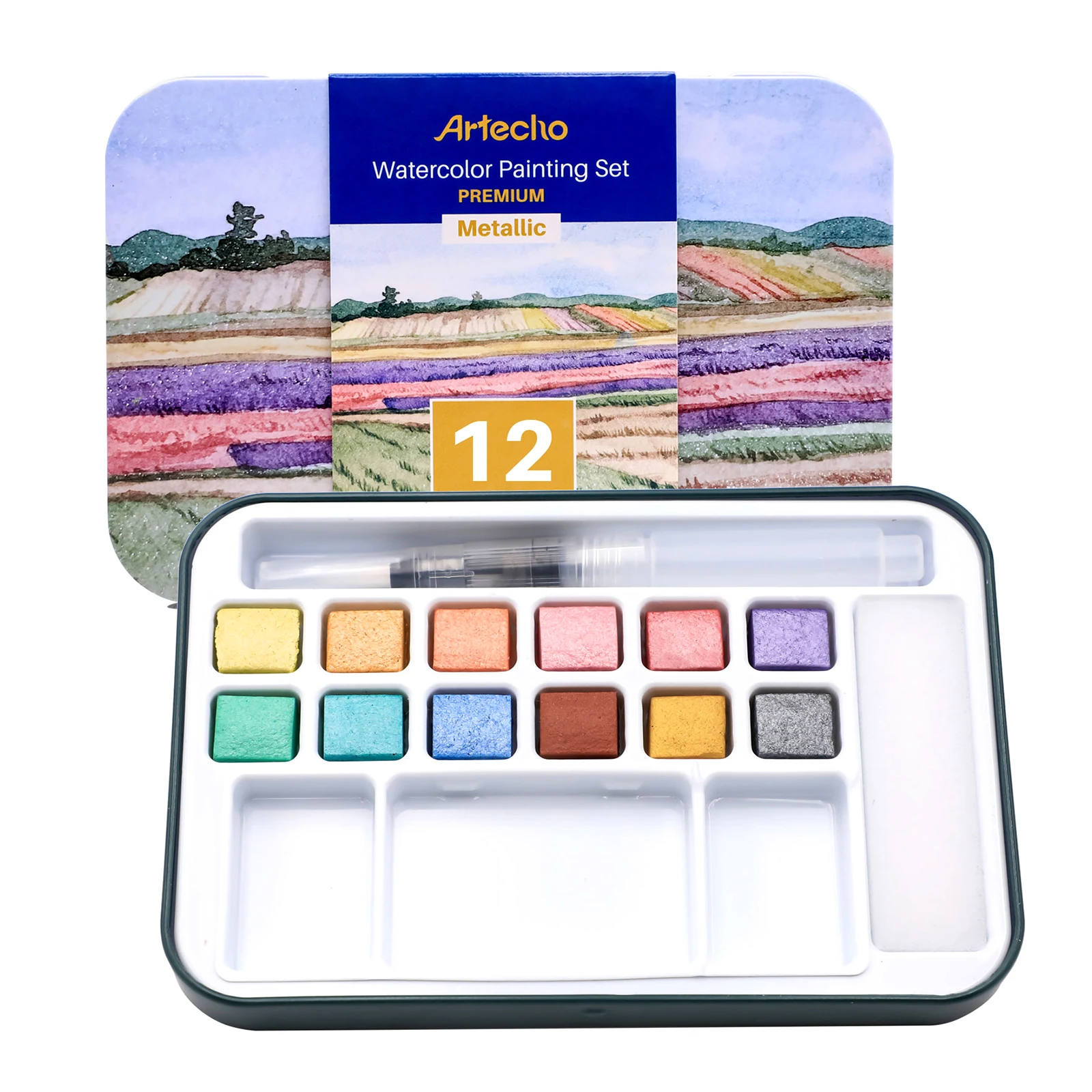 Artecho Watercolour Paint Set with 12 Metallic Colors Including Water Brush Pen Sponge and Blank Color Chart in Watercolor