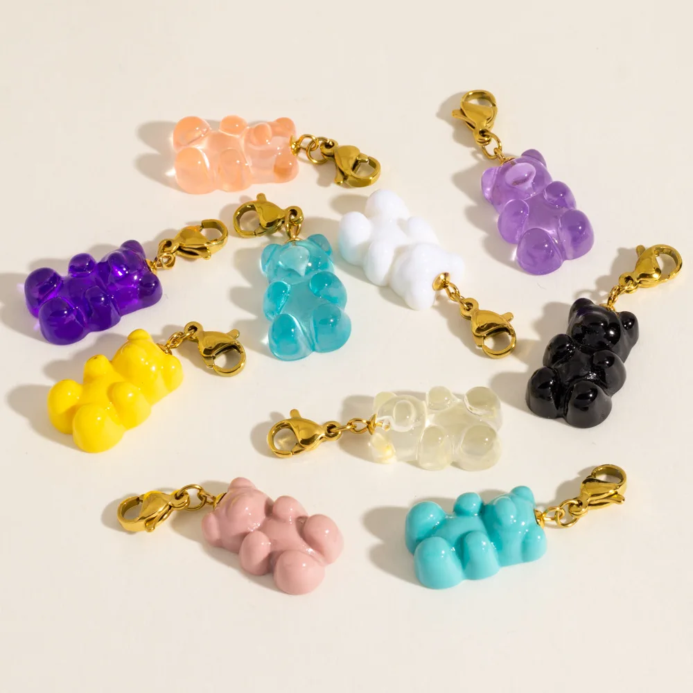 Candy Color Cartoon Resin Gummy Bear Pendant Sweet Cute Bear Charm with Stainless Steel Lobster Clasp for Keychain DIY Jewelry