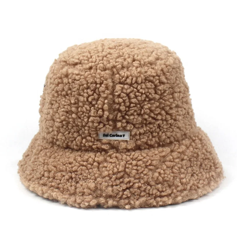 Women fishermen furry lana fuzzy woolen lamb wool winter faux fur fluffy fleece plush fuzzy teddy basin bucket cap caps hat hats