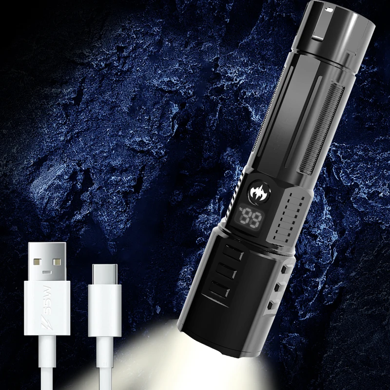 Wholesale Outdoor Powerful Lighting Zoom Digital Power Display Multi-functional Portable Rechargeable Flashlight