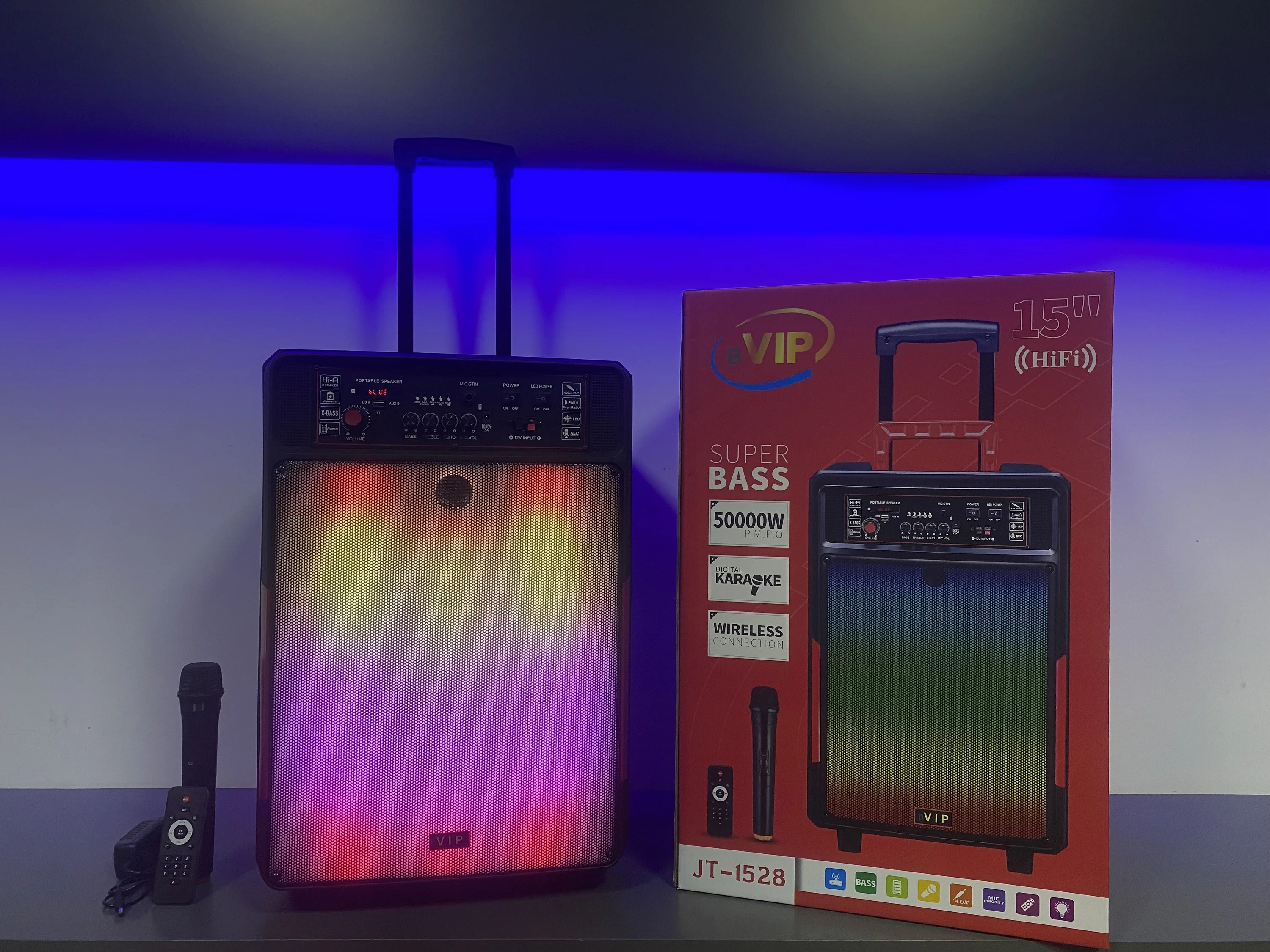JT-1528 тележка стиль динамик беспроводной портативный 15 дюймов Стильные Цвет светодиодные лампы свет режим с проводом микрофон