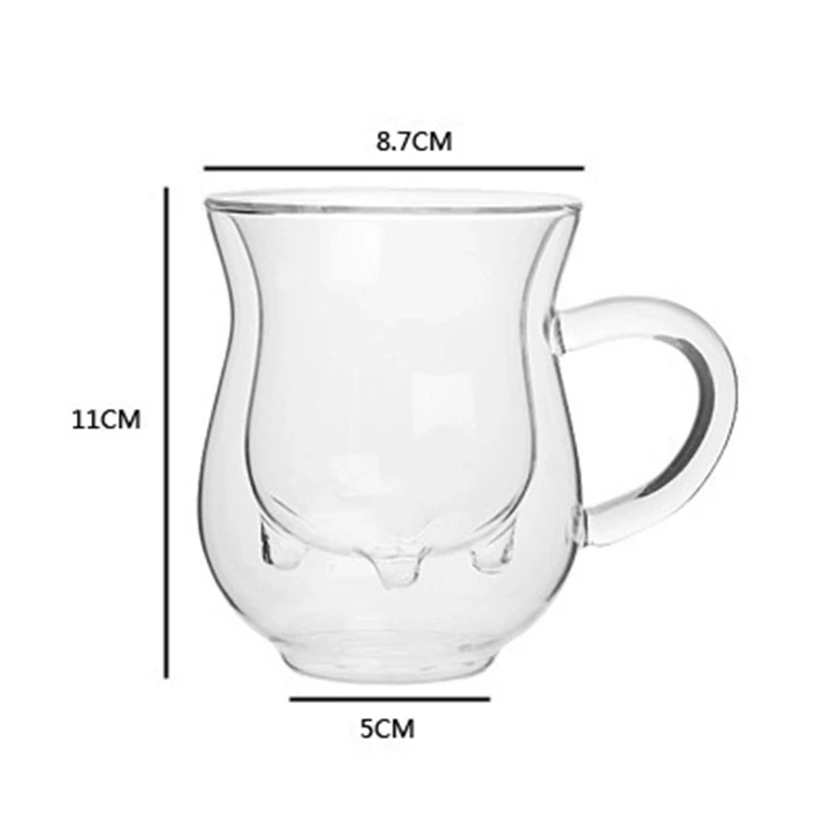 Hot Selling Double Wall Glass Cow Milk Tea Cup, Heat Resistant High Borosilicate Glass Milk Mug With Handle 350ml