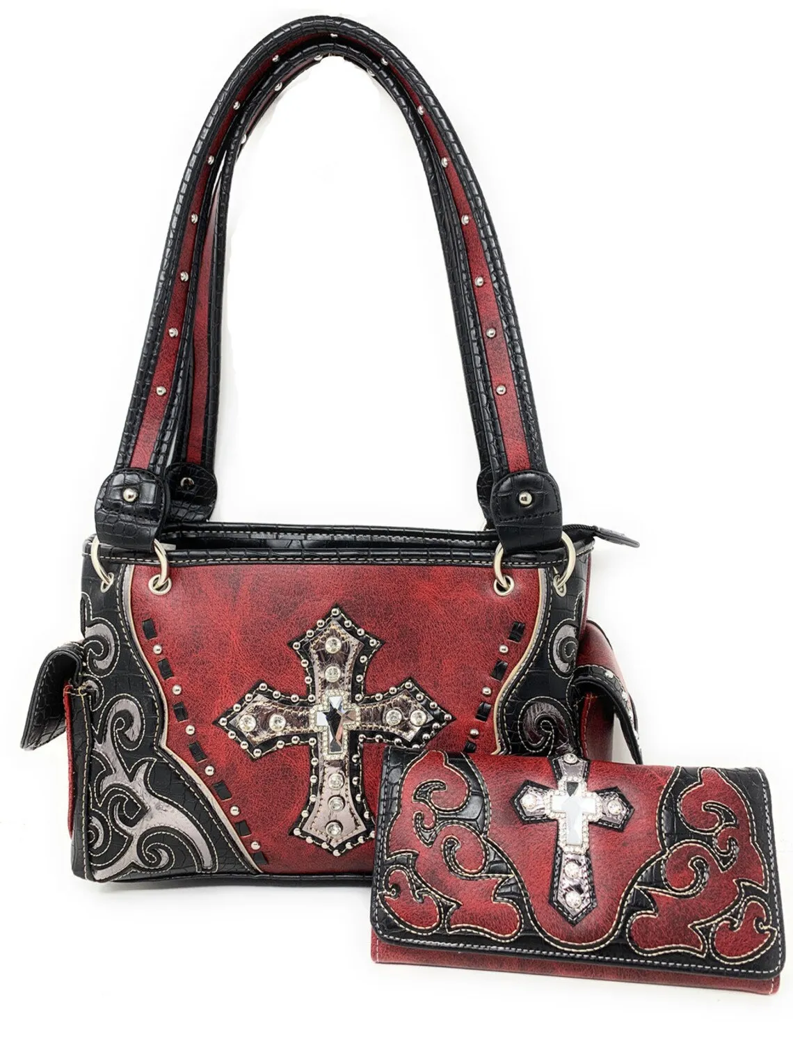Premium Rhinestone Cross Cut Out Western Embroidered Womens Concealed Carry Handbag With Matching Wallet in 5 Colors Low Price