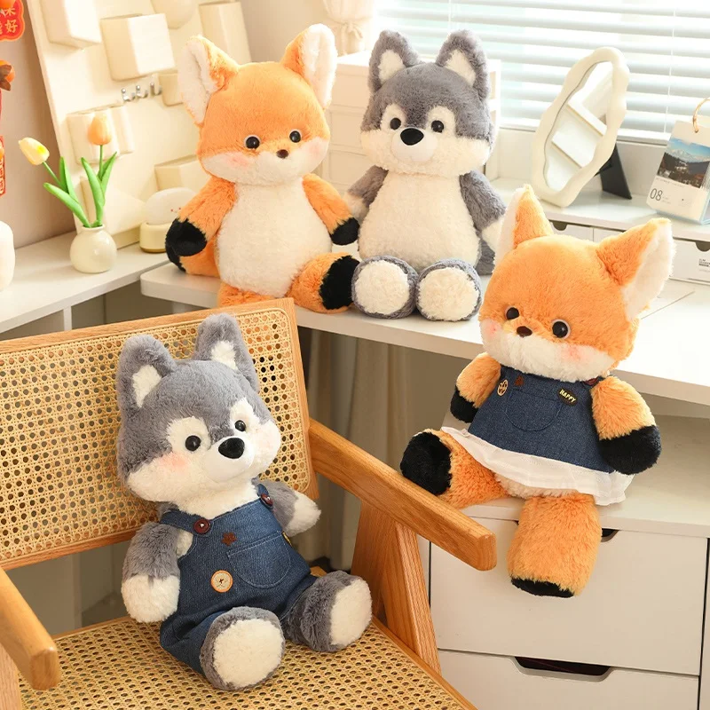 Wholesale Beautiful Soft Plush Simulation Running fox Wild Animal Doll Toy Custom Stuffed Forest Animal Wolf with Jean Rompers