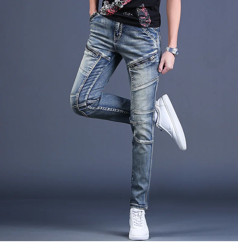 Mens Skinny Jean Distressed Slim Elastic Men Biker Jeans Hip hop Pants Washed Ripped Custom Logo For Men