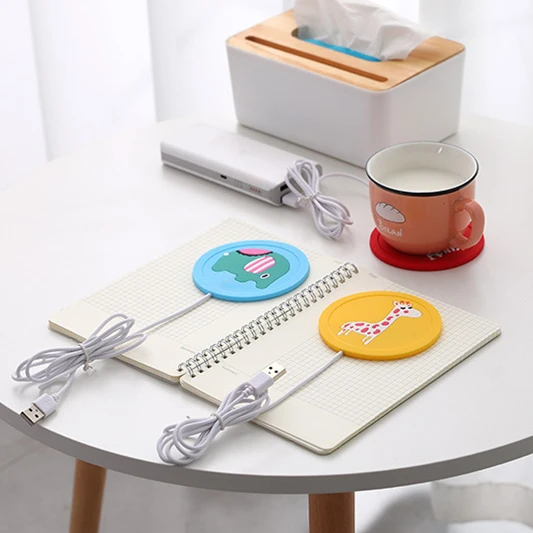 Cheap price three cartoon pattern red yellow blue thermal USB silicone cup warmer coaster for coffee and tea