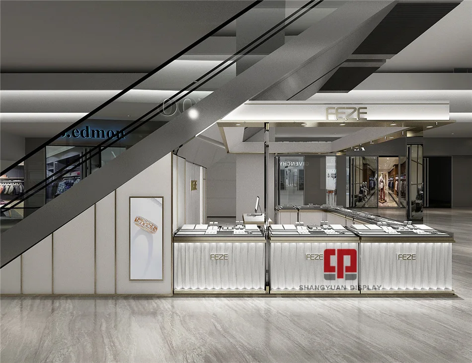 Fashion jewelry kiosk showcase customization jewelry store design wooden paint display cabinet manufacturer