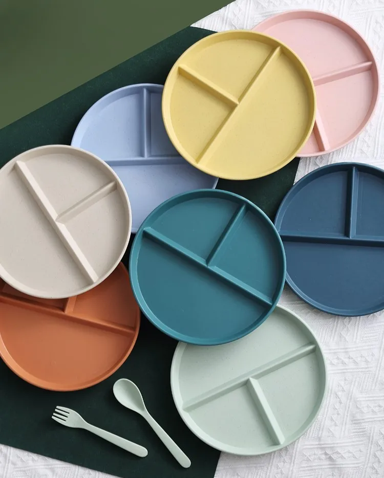 8.6 inch Complimentary Cutlery on Fitness Salad Plate Microwave Dishwasher Safe Wheat Straw Salad Plate With Compartments