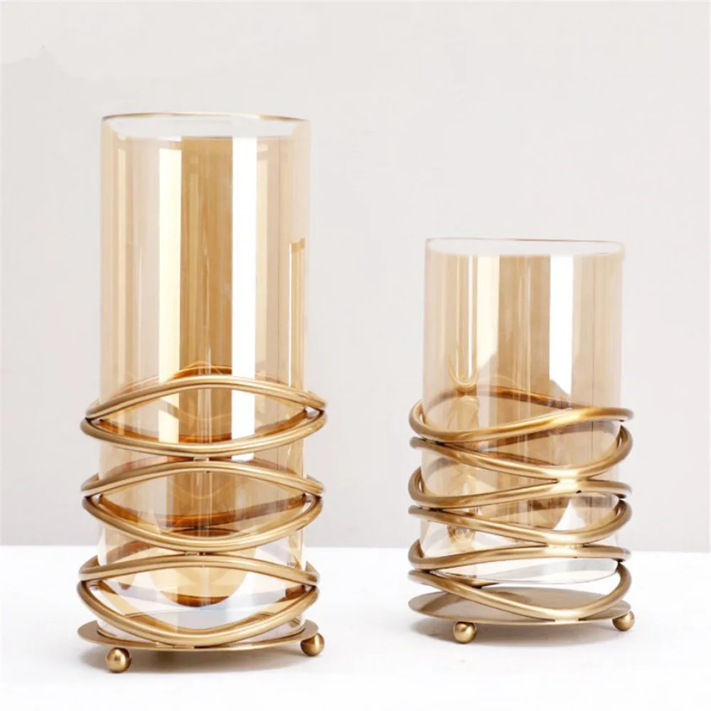 Custom Homeware Metal Craft Candle Holders and Brown Cylindrical Glass Vases for Home Decor
